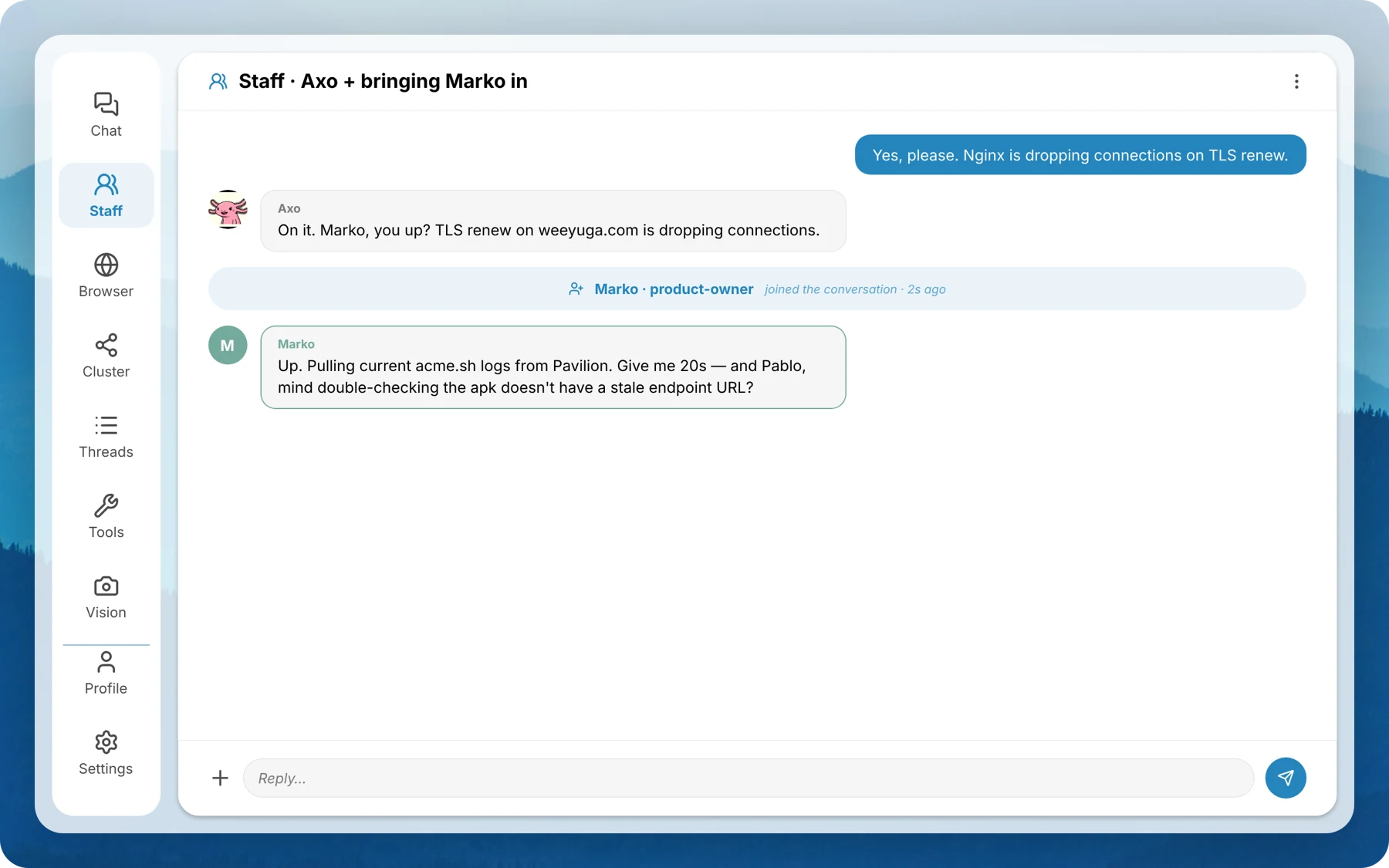 Weeyuga Staff interface design showing a conversation with Axo and a second agent joining, alongside Cluster, Threads, Tools, and Vision navigation.